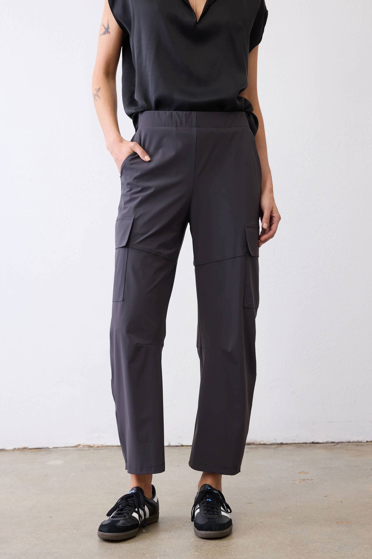 Graphite tapered utility cargo pants with side pockets and cuffed ankle hem