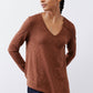Bark brown v-neck long sleeve top with draped look and curved hemline