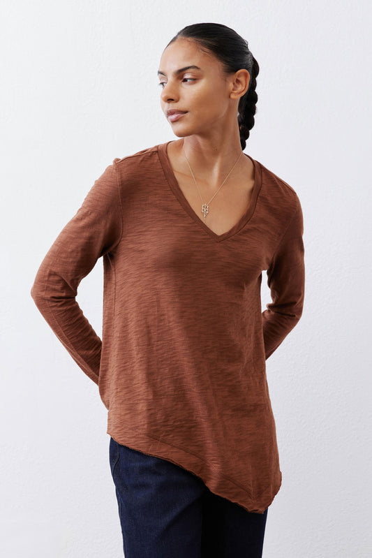 Bark brown v-neck long sleeve top with draped look and curved hemline