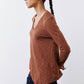 Bark brown v-neck long sleeve top with side profile and curved hemline