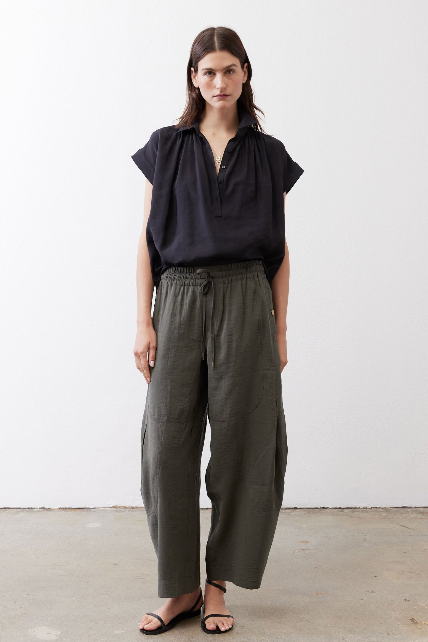 Black oversized voile blouse, short sleeves, button front, gathered collar