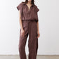 Chicory coffee baggy utility pants with elastic waistband and front flap pockets