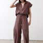 Oversized voile blouse in dark brown, short button placket, gathered neckline, relaxed drape