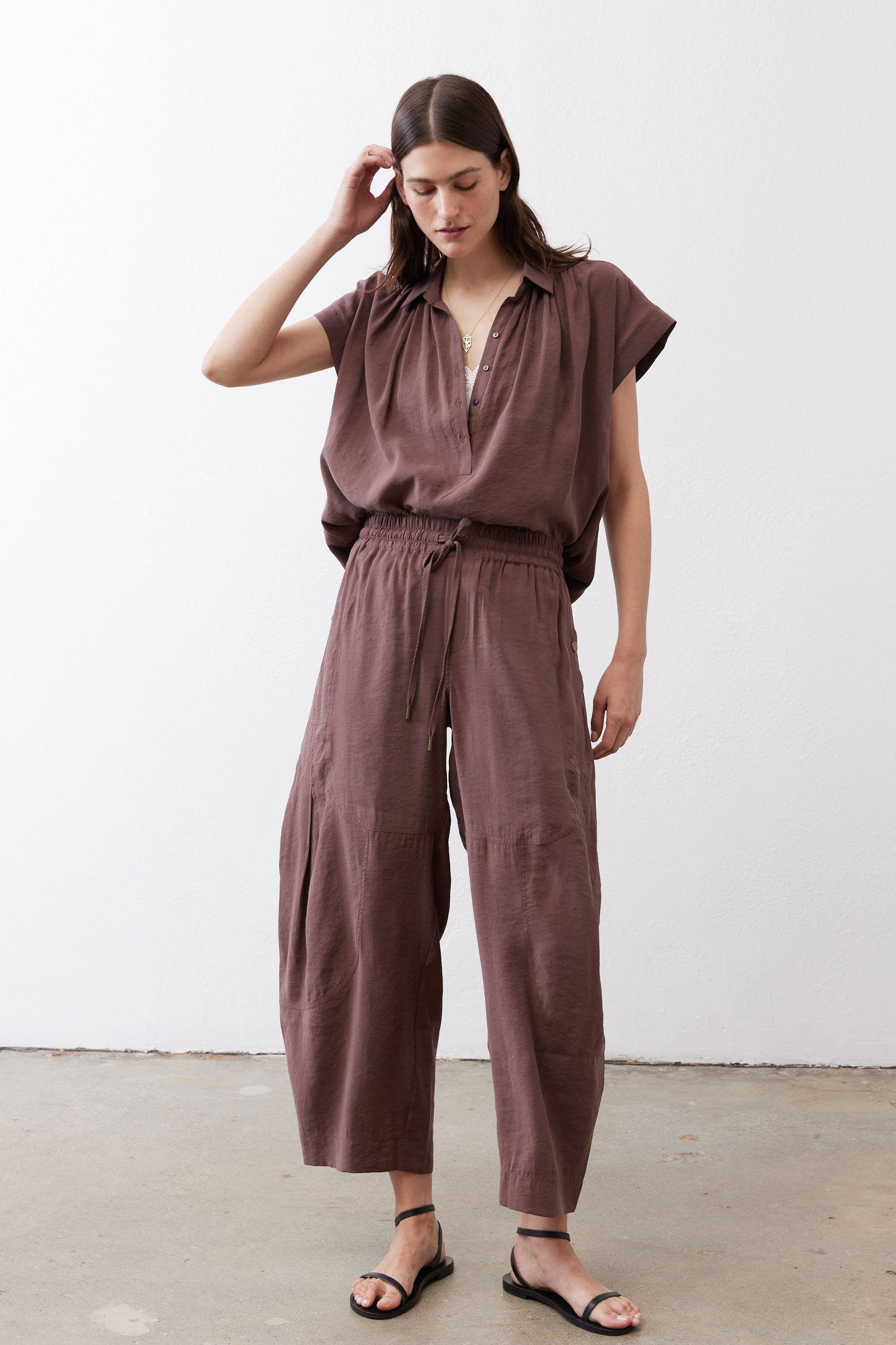 Oversized voile blouse in dark brown, short button placket, gathered neckline, relaxed drape