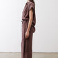 Oversized voile blouse in dark brown, short sleeves, button-front, relaxed oversized fit