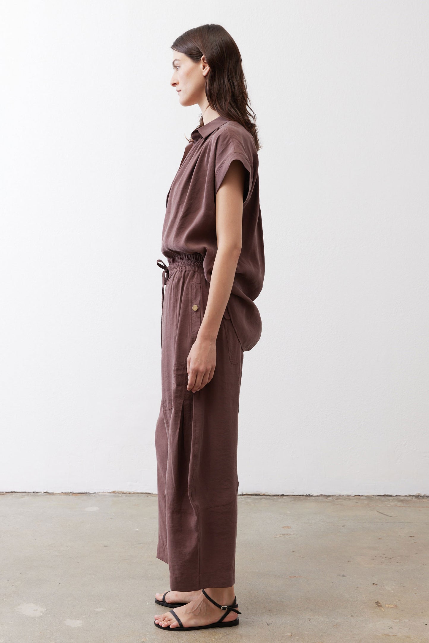 Oversized voile blouse in dark brown, short sleeves, button-front, relaxed oversized fit