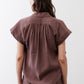 Oversized voile blouse in dark brown, back gathered yoke, short flutter sleeves
