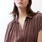 Oversized voile blouse in dark brown, V-neck button placket, draped short sleeves