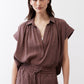 Oversized voile blouse in dark brown, short sleeves, button-front with soft gathered yoke