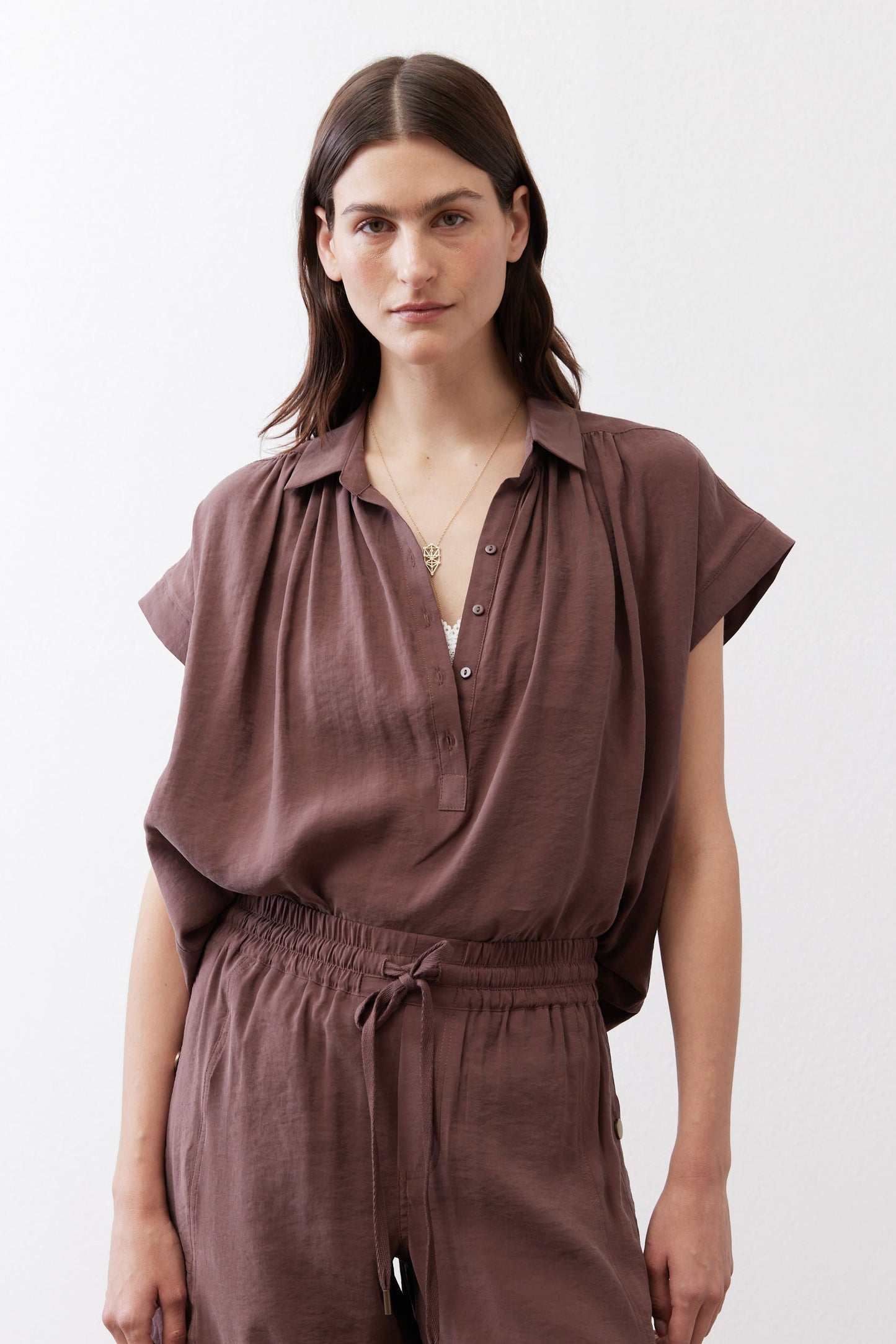 Oversized voile blouse in dark brown, short sleeves, button-front with soft gathered yoke