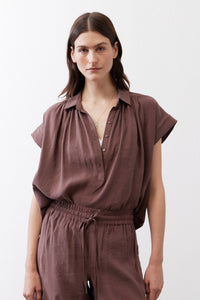 Oversized voile blouse, dark brown, gathered waist tie, button-front V-neck, short sleeves
