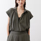Oversized voile blouse neckline, dark olive, open collar, button placket, relaxed shoulders