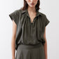 Oversized voile blouse, dark olive, short sleeves, button front, relaxed fit