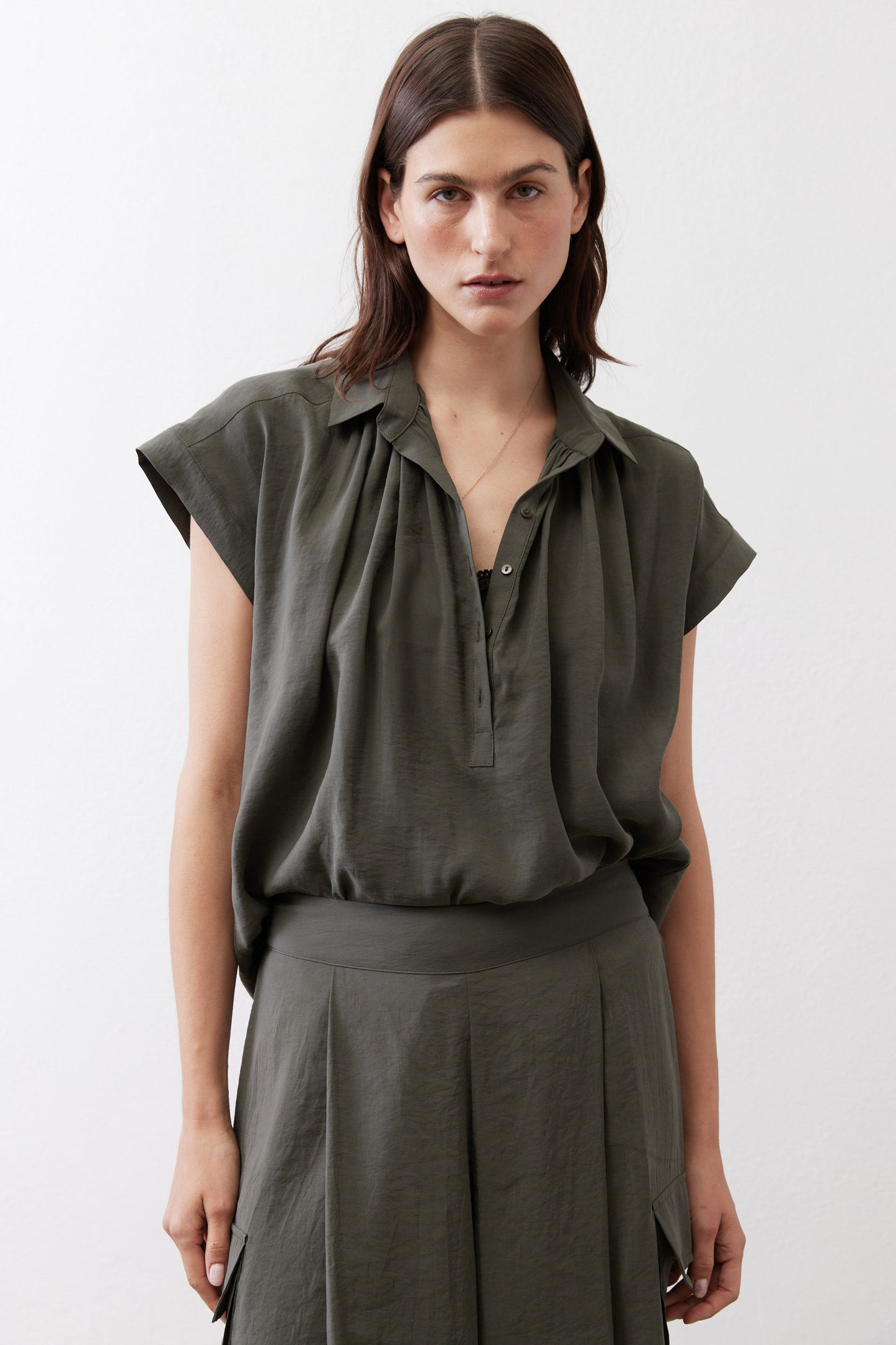 Oversized voile blouse, dark olive, short sleeves, button front, relaxed fit