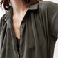 Oversized voile blouse collar and button placket, dark olive voile, short sleeves
