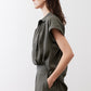 Oversized voile blouse, dark olive, short sleeves, button front, side profile drape