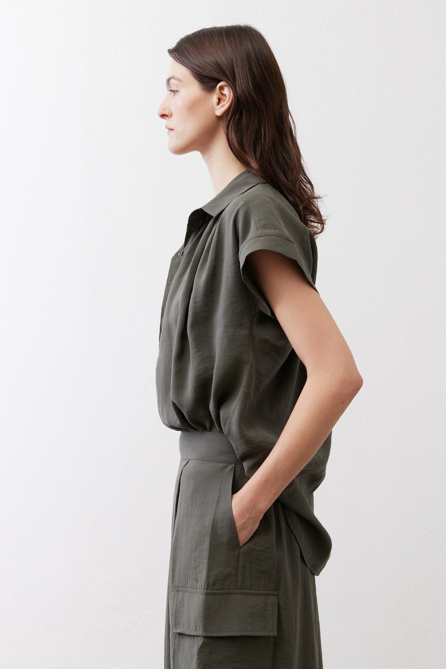 Oversized voile blouse, dark olive, short sleeves, button front, side profile drape
