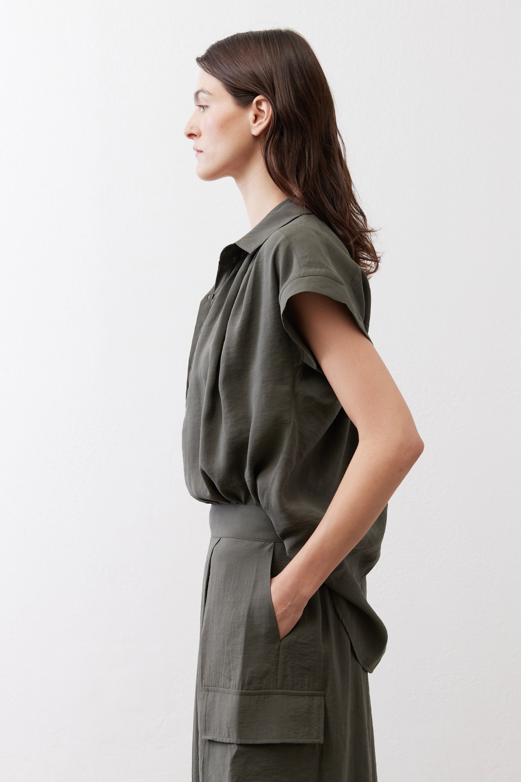 Oversized voile blouse, dark olive, short sleeves, button front, side profile drape