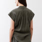 Oversized voile blouse back view, dark olive voile, short sleeves, gathered yoke