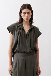 Dark olive voile blouse front view with short sleeves and open V-neck button placket