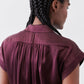Malbec silk blouse back view with gathered yoke and short flutter sleeves