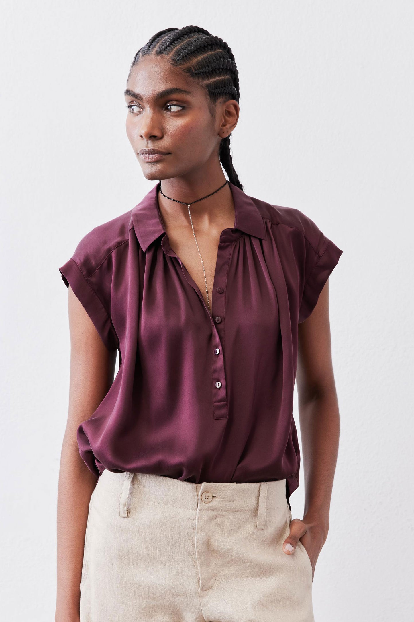 Malbec oversized silk blouse with short sleeves, button-front, relaxed fit
