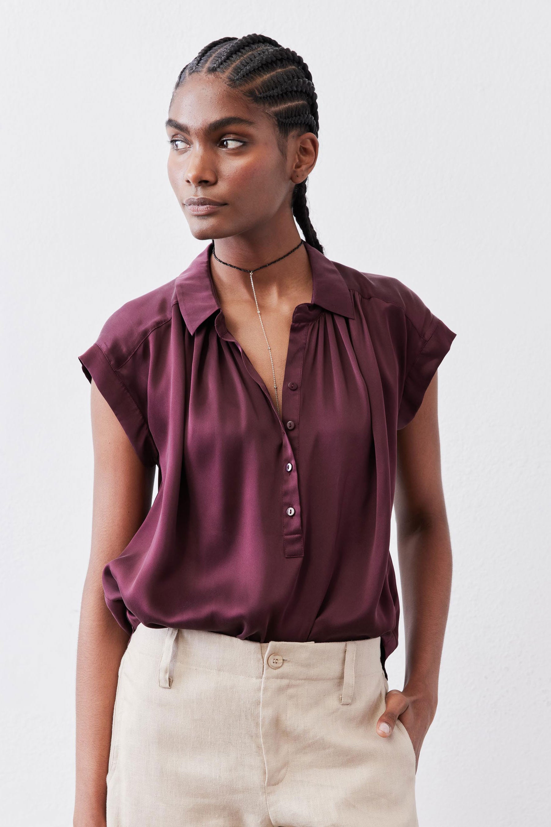 Malbec oversized silk blouse with short sleeves, button-front, relaxed fit