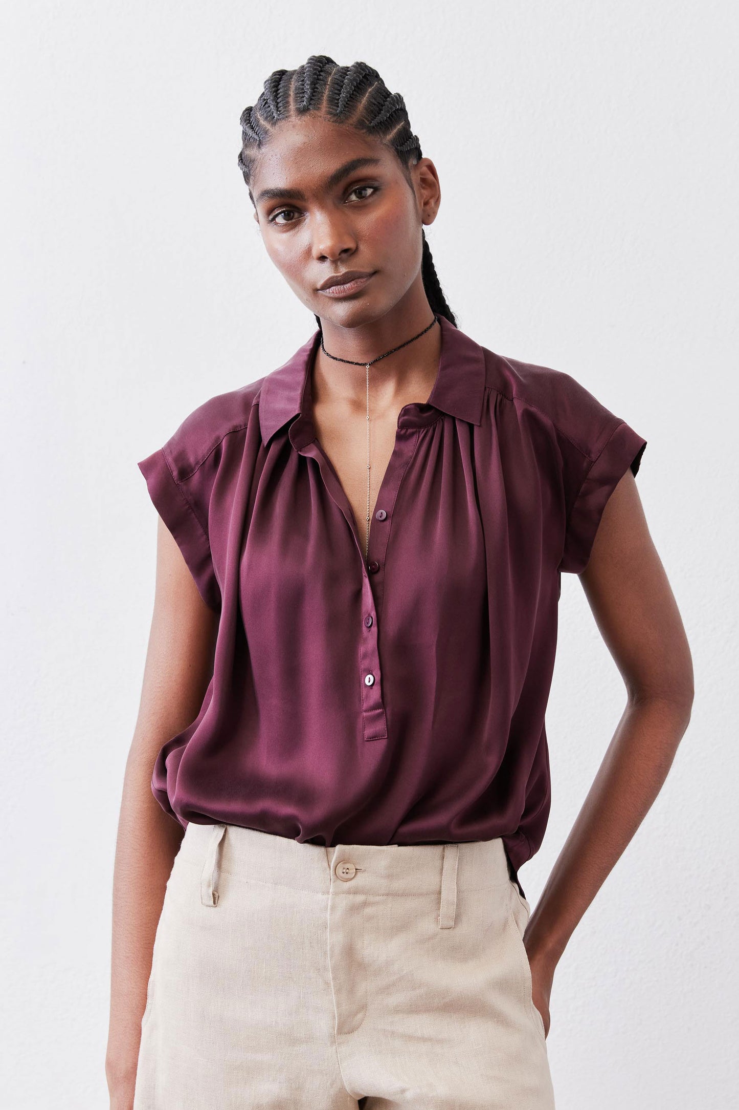 Malbec oversized silk blouse with short sleeves, button-front, relaxed drape