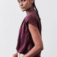 Malbec satin silk blouse, short sleeves, button-front, draped relaxed shoulder