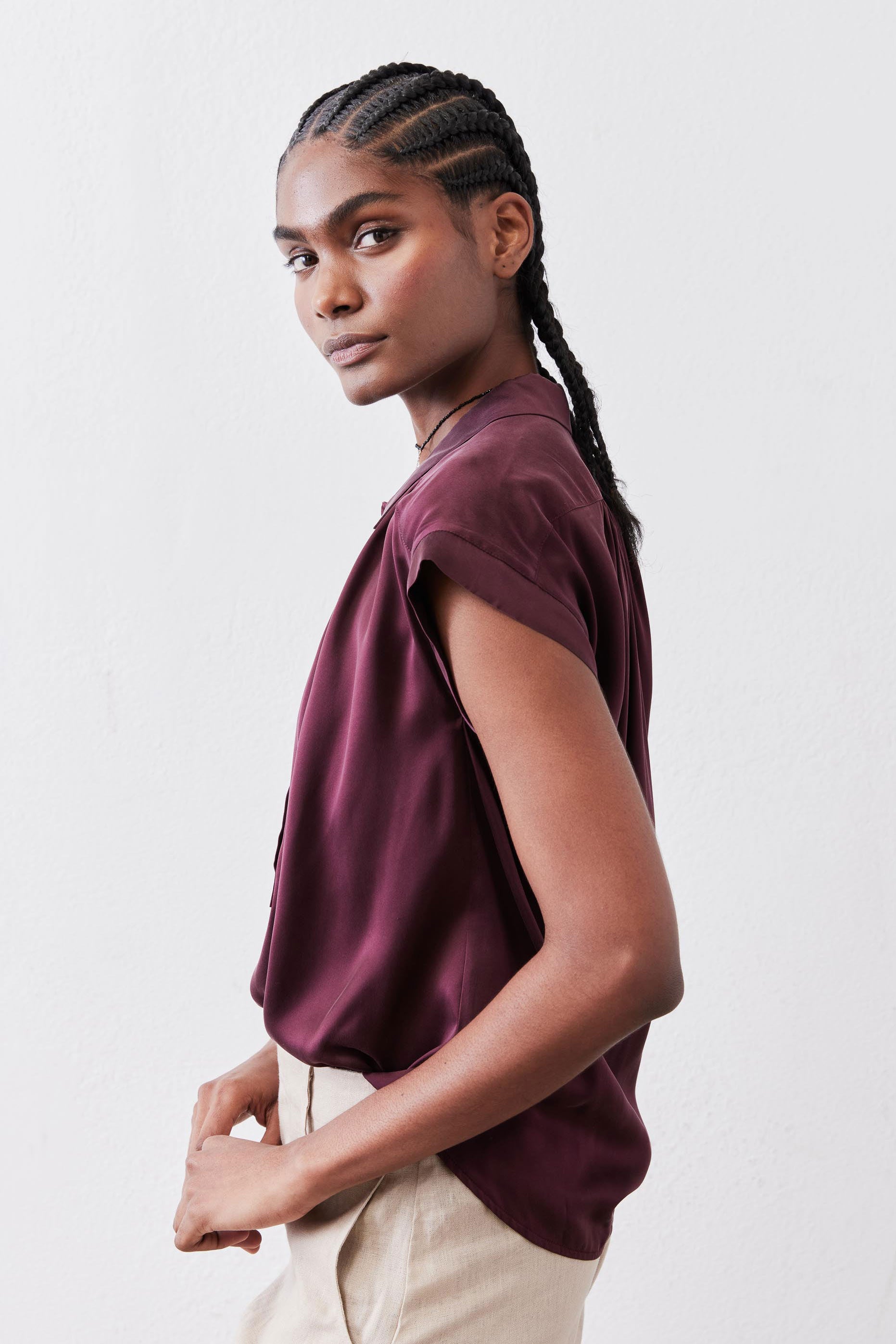 Malbec satin silk blouse, short sleeves, button-front, draped relaxed shoulder