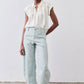 Ivory silk blouse with pointed front collar tips and short sleeves