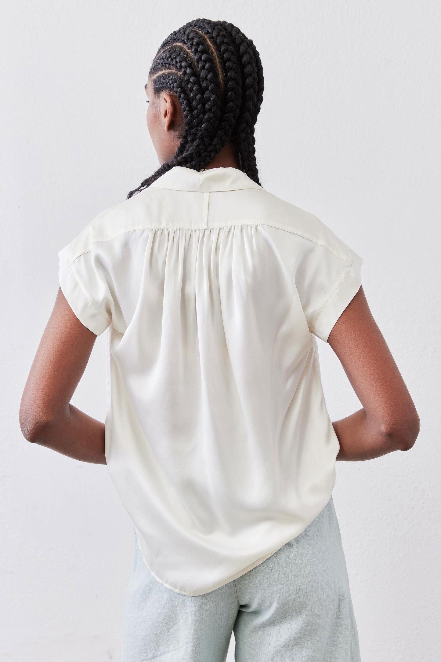 Ivory oversized silk blouse, ruched back yoke and short sleeves