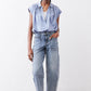 Steel blue silk blouse with cap sleeves, V-neck button front, draped fit.