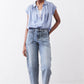 Steel blue silk blouse with short sleeves and relaxed fit, front view.
