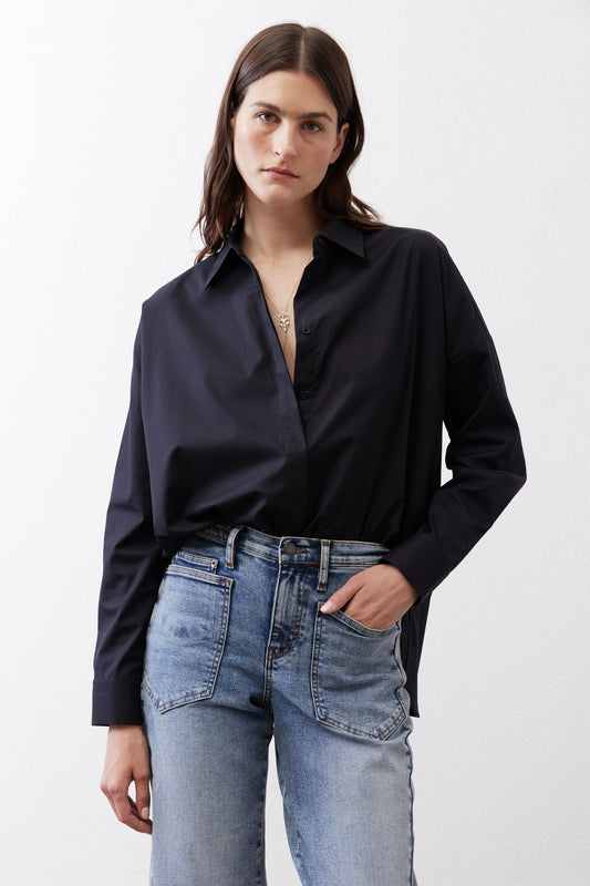Non-iron oversized black tunic shirt with button front and pointed collar