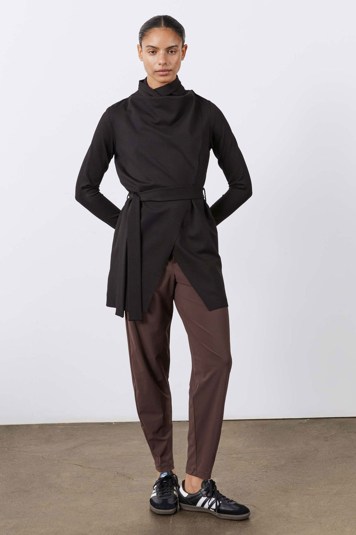 Petite not-too-tapered pants, coffee-brown relaxed leg with straight tapered hem
