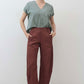Spice brown loose linen pants with front pockets, button fly, and wide straight legs