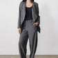 Gray pinstripe asymmetric suit jacket with notch lapel and double-breasted buttons