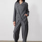 Gray pinstripe asymmetric suit jacket with angled front panel and long sleeves