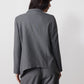 Gray pinstripe asymmetric suit jacket, back view with smooth yoke and long sleeves