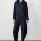 Navy pinstripe asymmetric suit jacket, button-front, long sleeves and notched lapel