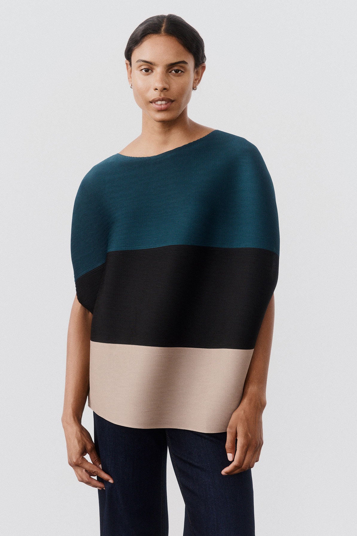Pleated Colorblock Top | Deep Teal / Tan – Ruti