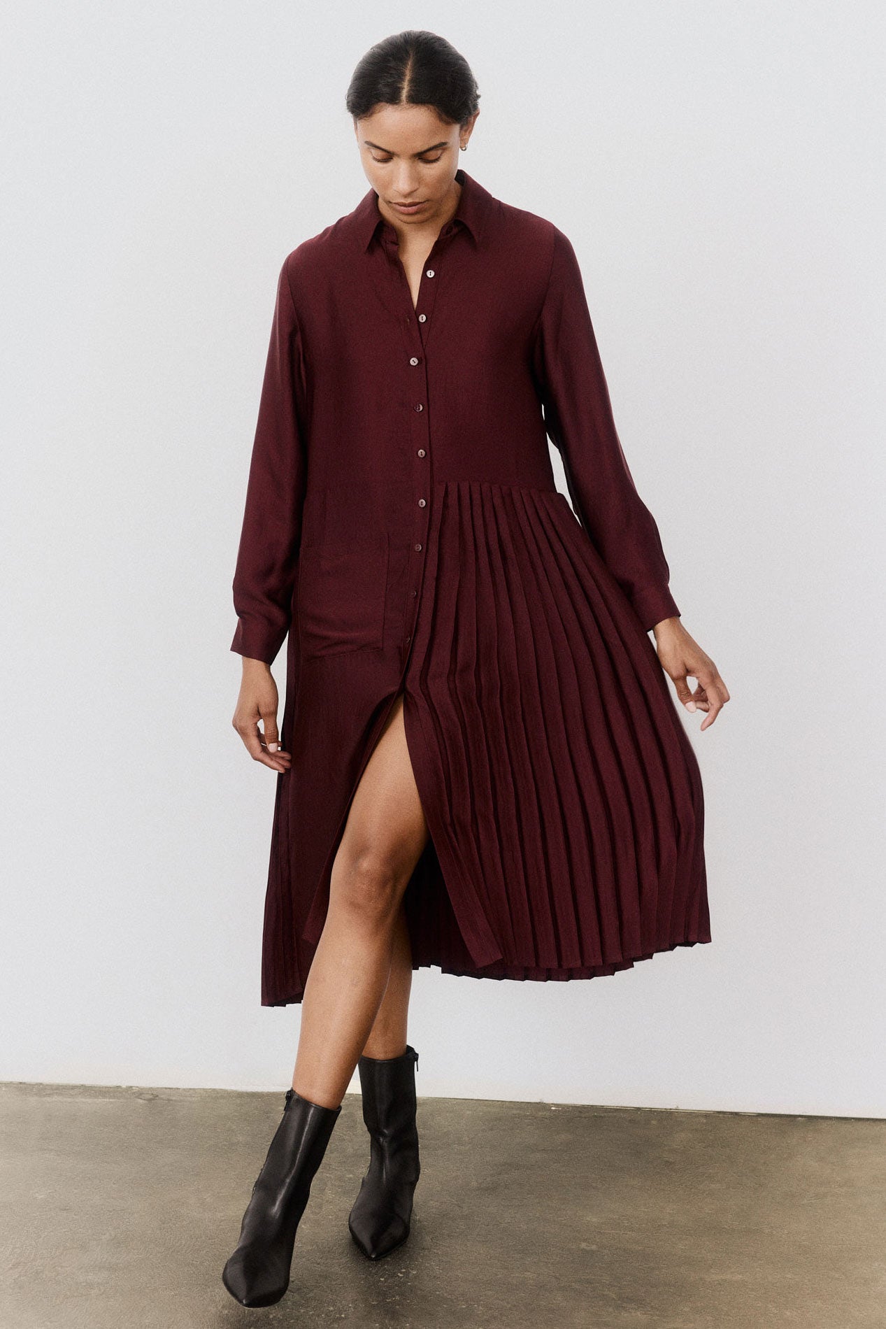 One-Sided Pleated Slinky Long Sleeve Dress