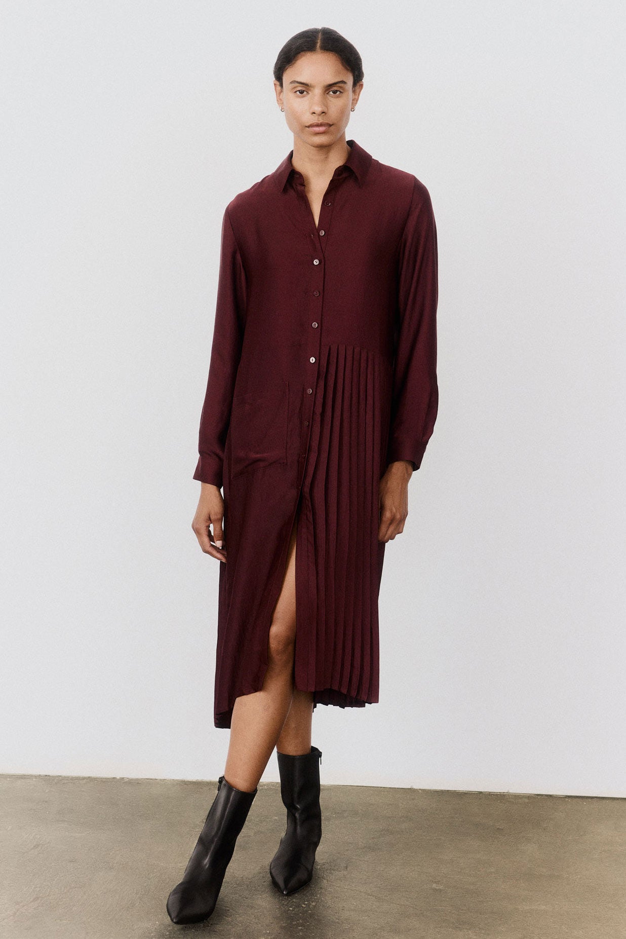 One-Sided Pleated Slinky Long Sleeve Dress