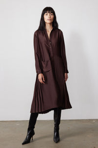 Coffee bean brown long-sleeve dress with button front, asymmetrical pleated hem, pockets