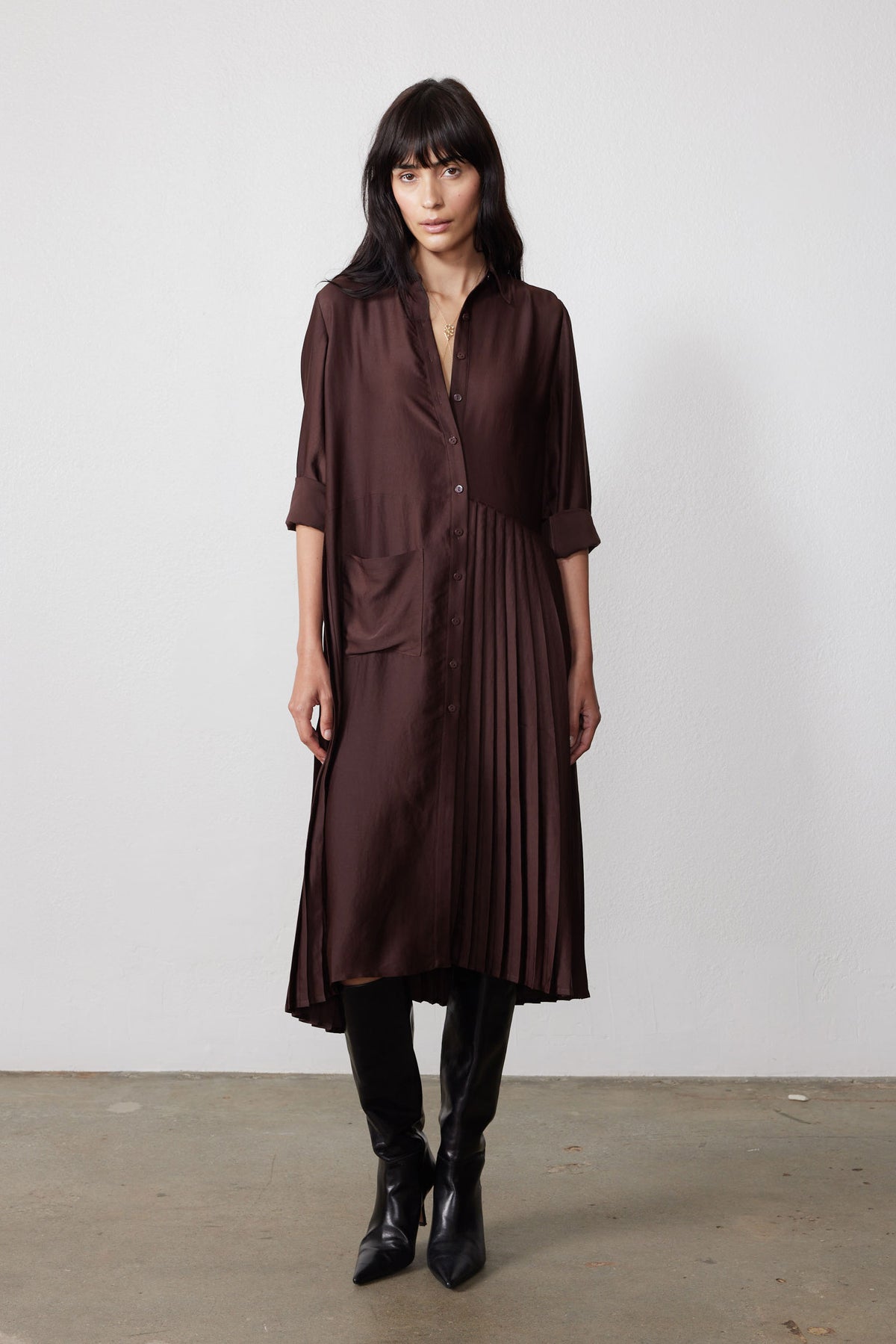 Coffee bean brown long-sleeve button dress with pleated overlay and side pockets