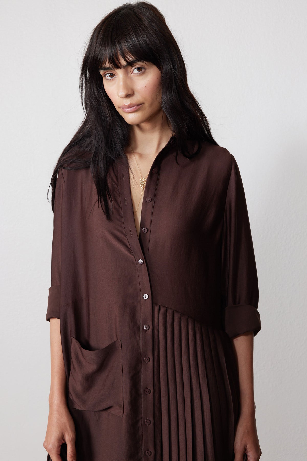 Dark brown long-sleeve button dress with V neckline and pleated right side panel