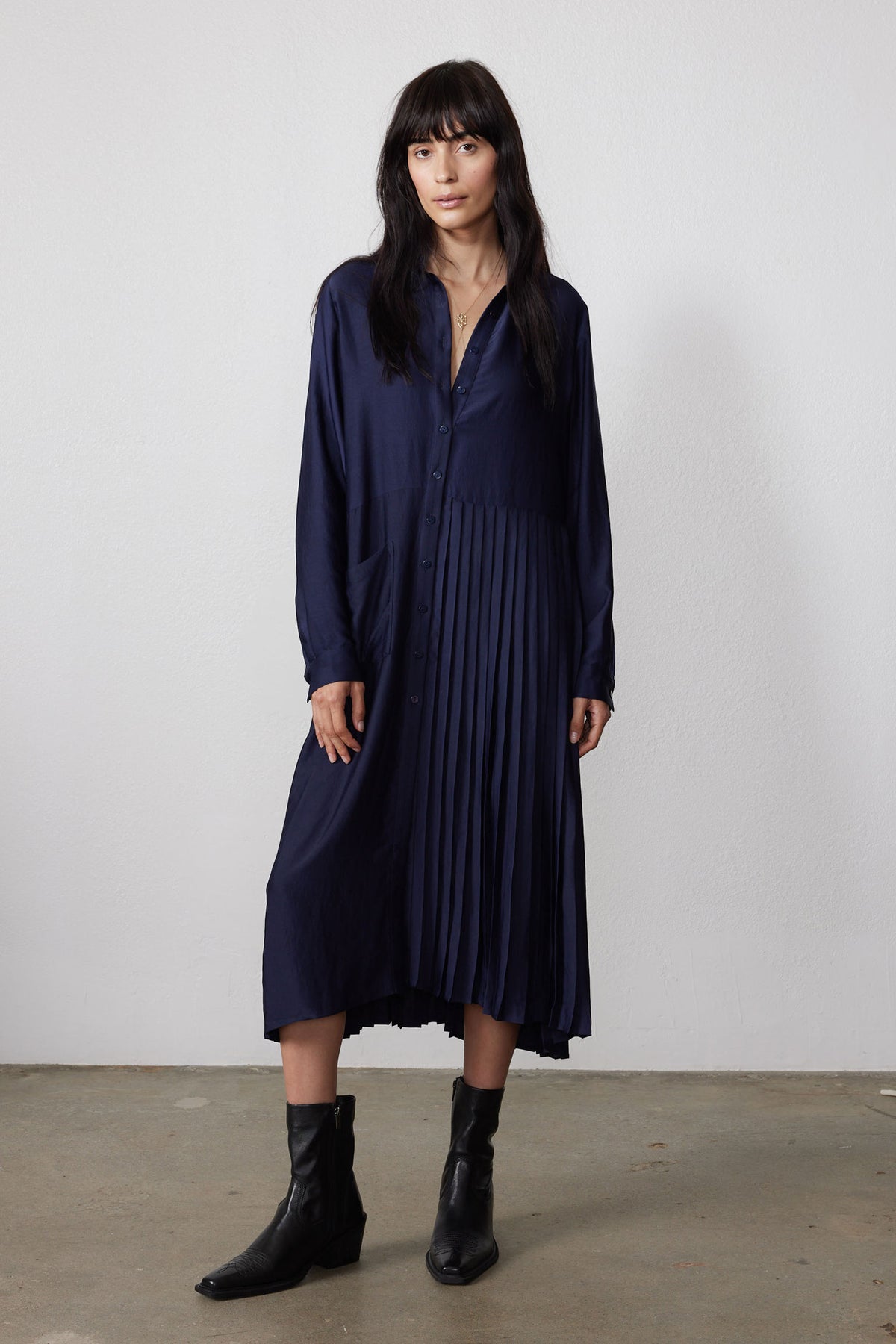 Ink pleated long-sleeve dress with button front and one-side draped pleats, midi