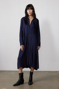 Ink pleated long-sleeve dress with button front and one-side draped pleats, midi