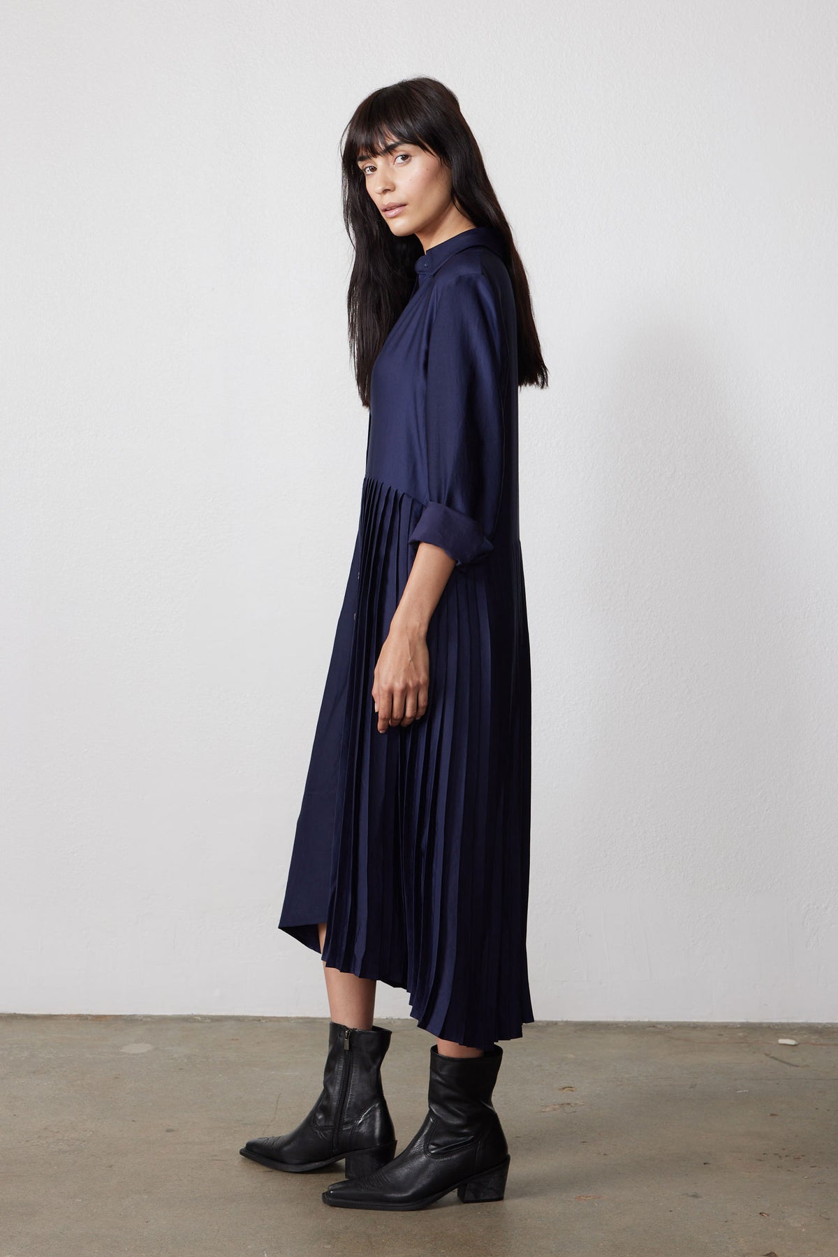 Ink one-side pleated long-sleeve dress, button front, side view